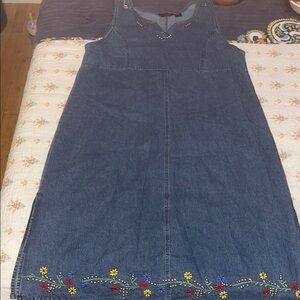 Vintage Agora Blue Denim Maxi Dress with Colorful Embroidery
